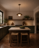 Verona Fluted Dome Pendant Light installed above a kitchen island in a warm contemporary kitchen, featuring a ribbed metal dome shade with a frosted globe diffuser providing soft ambient illumination.