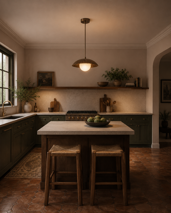 Verona Fluted Dome Pendant Light installed above a kitchen island in a warm contemporary kitchen, featuring a ribbed metal dome shade with a frosted globe diffuser providing soft ambient illumination.