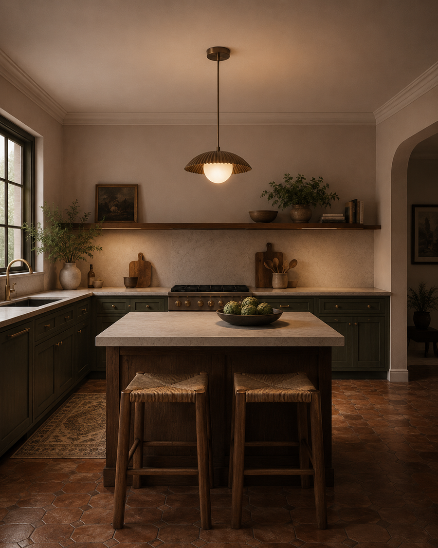 Verona Fluted Dome Pendant Light installed above a kitchen island in a warm contemporary kitchen, featuring a ribbed metal dome shade with a frosted globe diffuser providing soft ambient illumination.