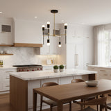 Verona 4 light geometric chandelier shown from an angled view with contrasting black stems, brass-tone arms, and multidirectional lights.