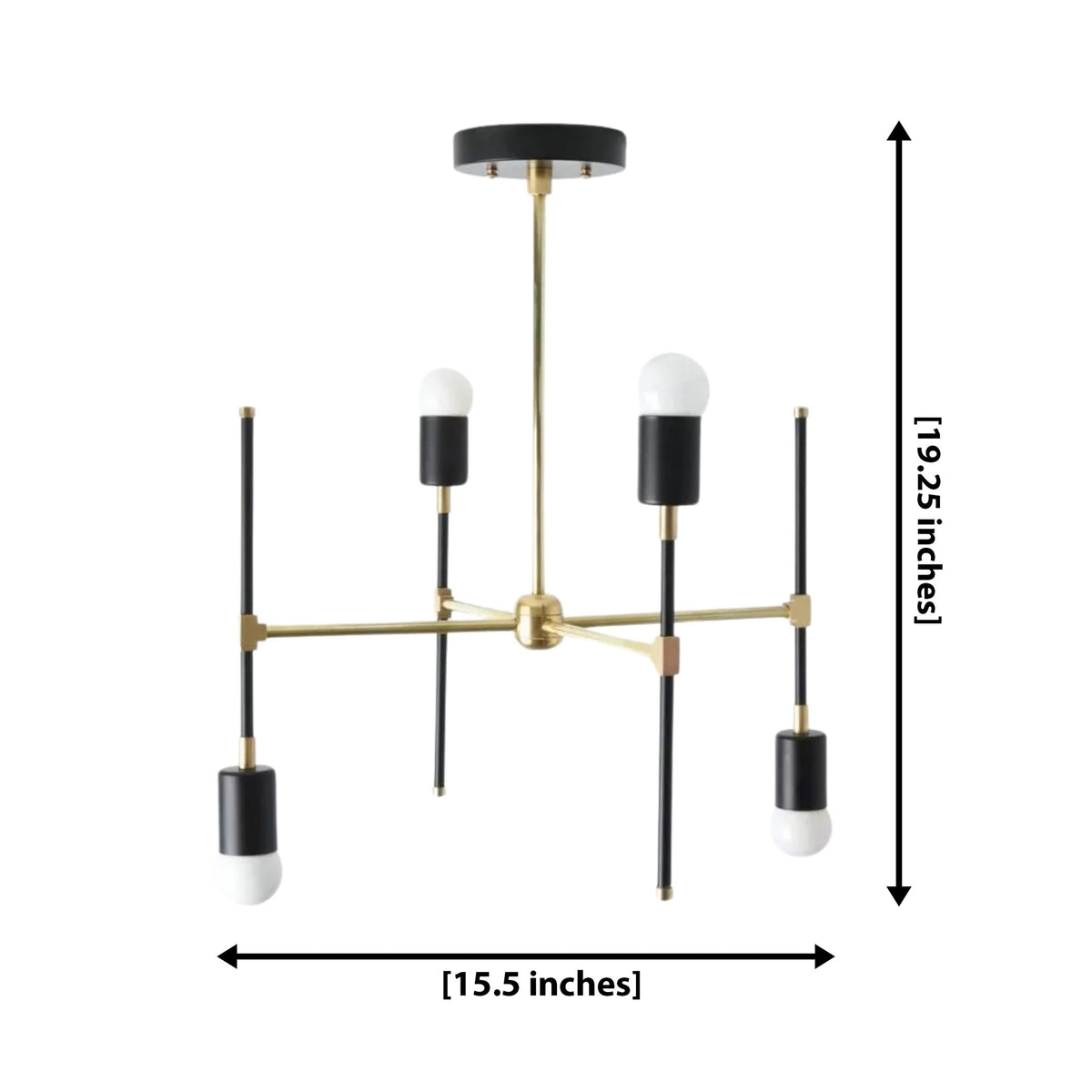 Verona 4 light geometric chandelier dimension view showing 15.5 inch width and 19.25 inch overall height.