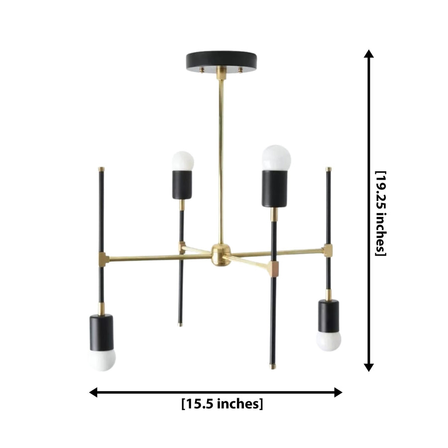 Verona 4 light Mid-Century Modern chandelier shown from the front with black vertical stems, brass-tone arms, and exposed bulbs.