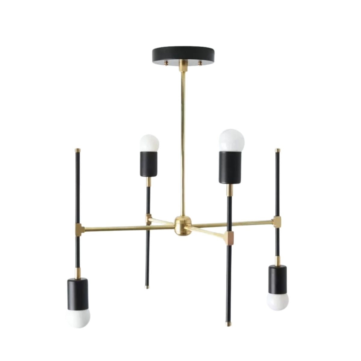 Verona 4 light black and brass-tone chandelier shown from a straight view highlighting its geometric multi-arm construction and exposed bulbs.