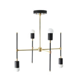 Verona 4 light black and brass-tone chandelier shown from a straight view highlighting its geometric multi-arm construction and exposed bulbs.