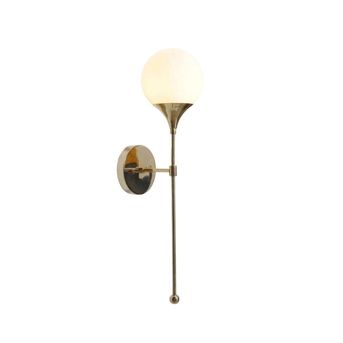 Verona globe balance wall sconce featuring polished brass details, round mounting plate and long decorative stem.