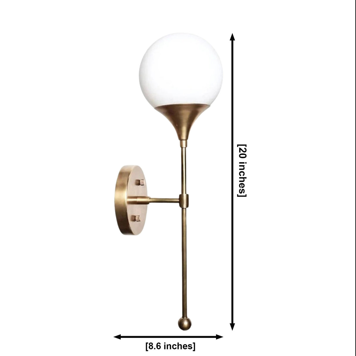 Verona globe balance wall sconce dimensions showing 20 inch overall height and 8.6 inch width.