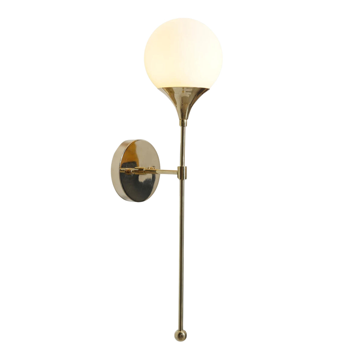 Angled view of the Verona Globe Glass Wall Sconce highlighting the opal globe shade, solid brass construction, and round wall canopy.