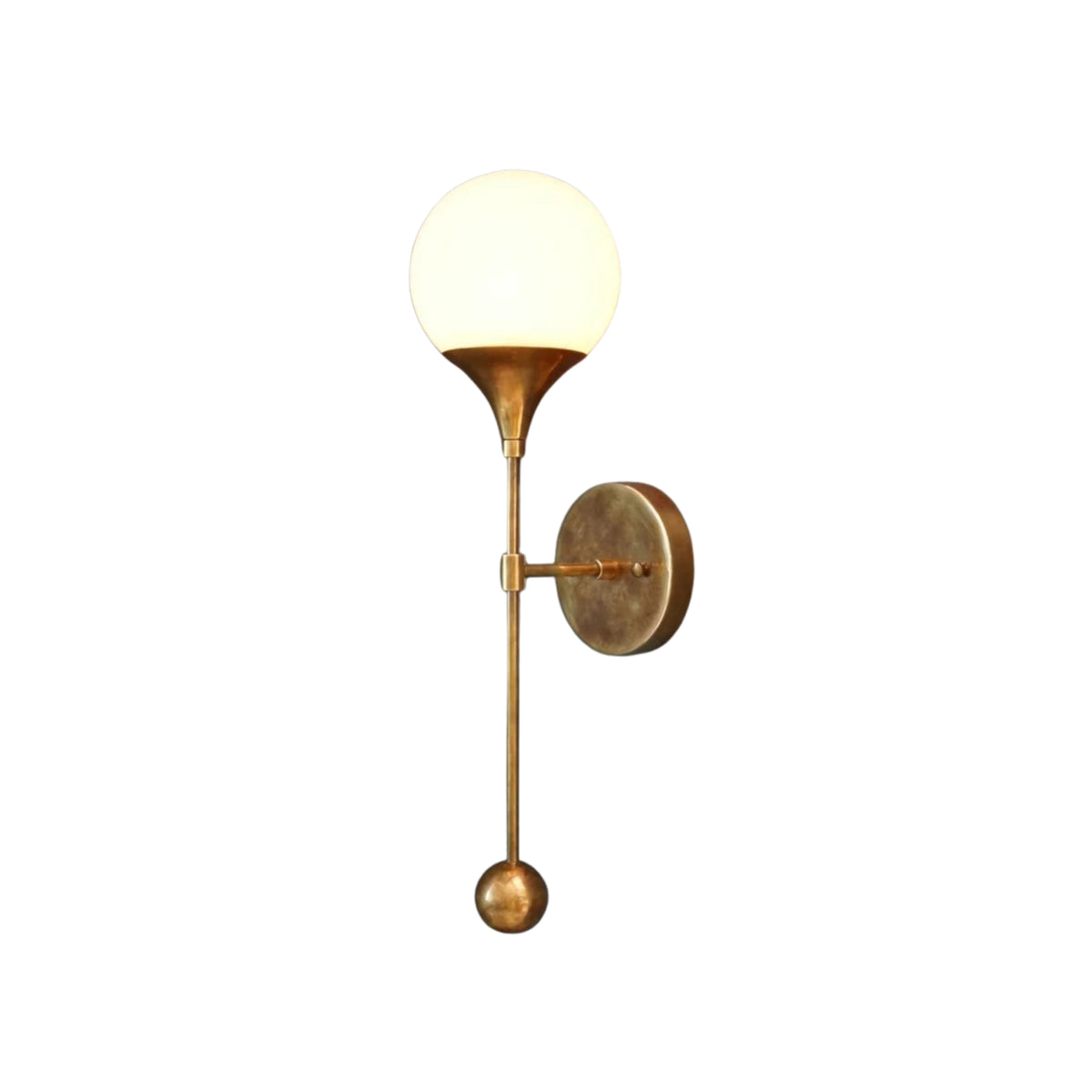 Front view of the Verona Globe Glass Wall Sconce featuring an opal glass globe, tapered brass cup, slender stem, and decorative sphere finial.
