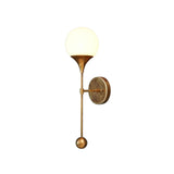 Front view of the Verona Globe Glass Wall Sconce featuring an opal glass globe, tapered brass cup, slender stem, and decorative sphere finial.