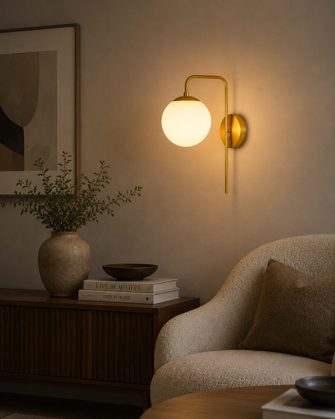 Verona brass globe wall sconce installed in a warm modern living room with soft ambient lighting – Model 32808