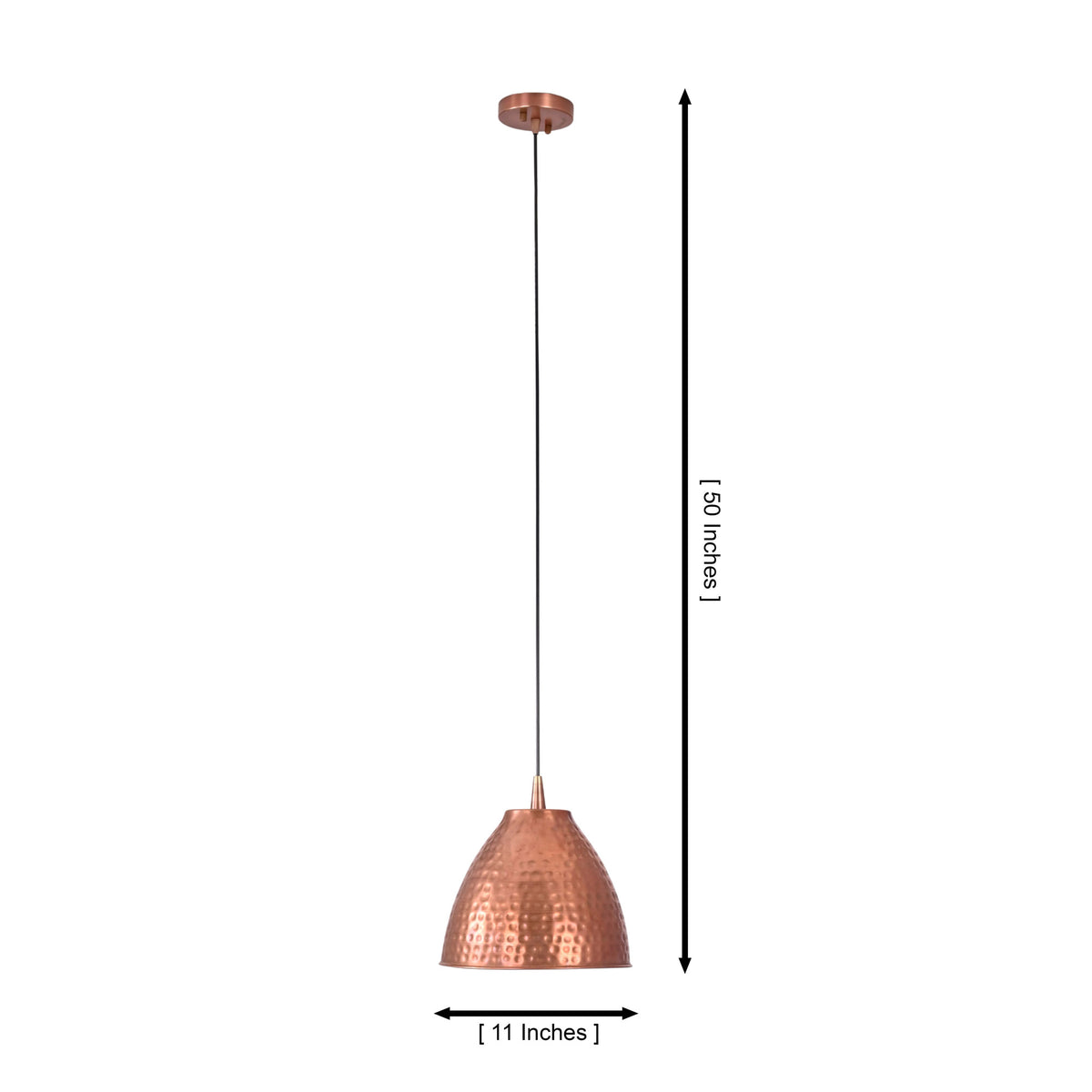 Dimension drawing of the Verona hammered copper bell pendant light measuring 11 inches wide with an adjustable overall hanging height of 50 inches.