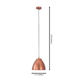 Dimension drawing of the Verona hammered copper bell pendant light measuring 11 inches wide with an adjustable overall hanging height of 50 inches.