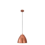 Front view of the Verona hammered copper bell pendant light featuring a handcrafted tapered metal shade with an adjustable black suspension cord.