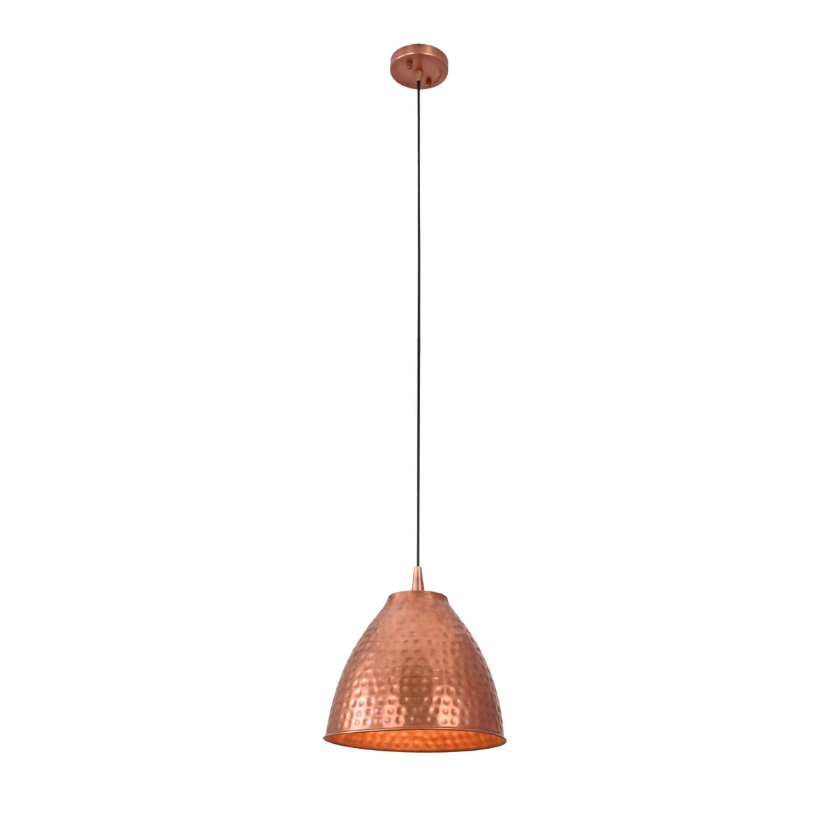 Illuminated view of the Verona hammered copper bell pendant light showcasing its warm downward glow and handcrafted hammered copper finish.