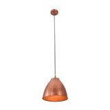 Front view of the Verona hammered copper bell pendant light with warm ambient illumination highlighting its textured handcrafted copper shade.
