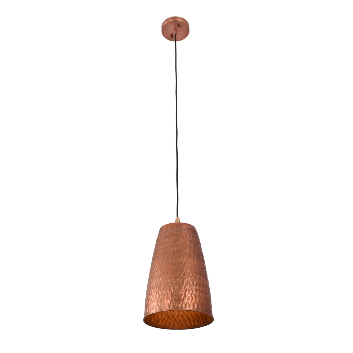 Angled view of the Verona hammered copper cylinder pendant light highlighting its textured handcrafted hammered finish and tapered silhouette.
