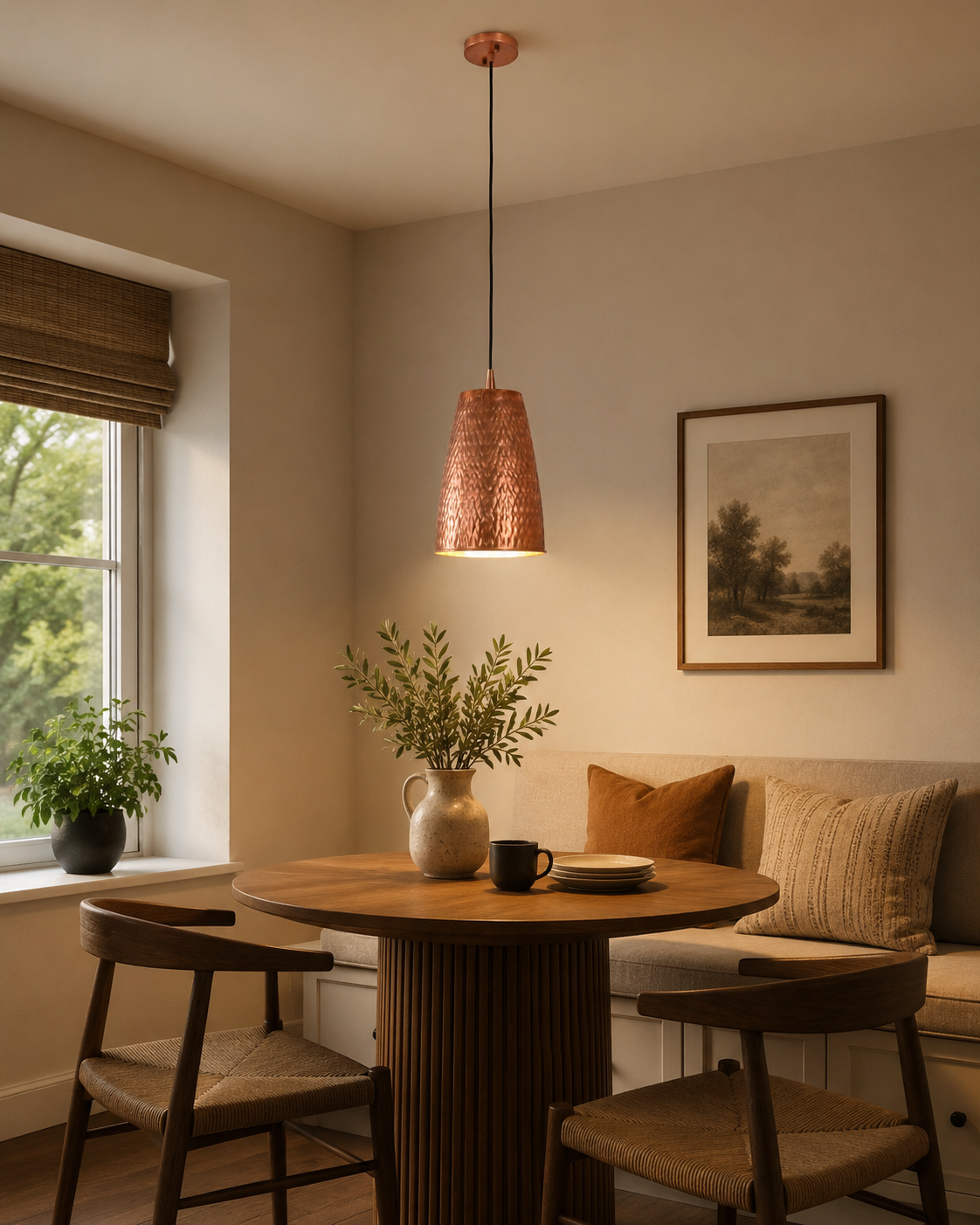 Verona hammered copper cylinder pendant light installed above a round dining table, providing warm ambient illumination in a modern Scandinavian dining room.