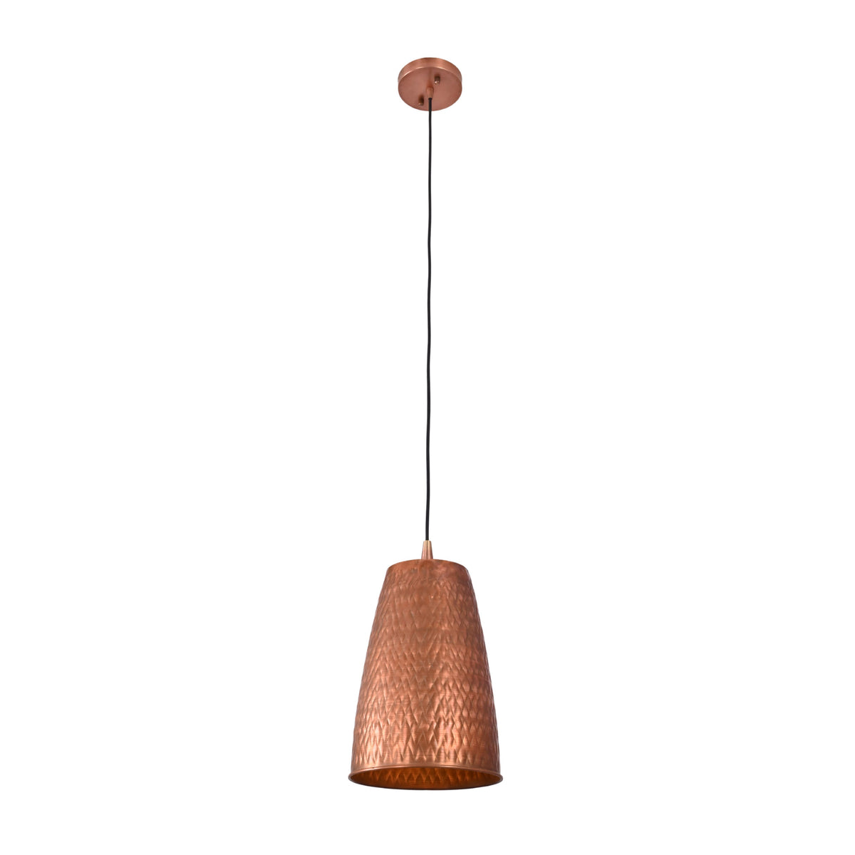 Front view of the Verona hammered copper cylinder pendant light featuring a handcrafted tapered metal shade with an adjustable black suspension cord.