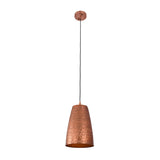 Front view of the Verona hammered copper cylinder pendant light featuring a handcrafted tapered metal shade with an adjustable black suspension cord.