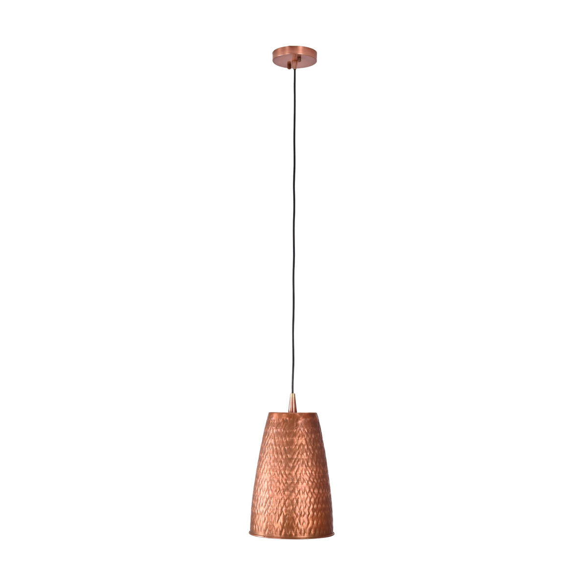 Side view of the Verona hammered copper cylinder pendant light with a tapered handcrafted metal shade and adjustable hanging cord.