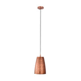 Side view of the Verona hammered copper cylinder pendant light with a tapered handcrafted metal shade and adjustable hanging cord.