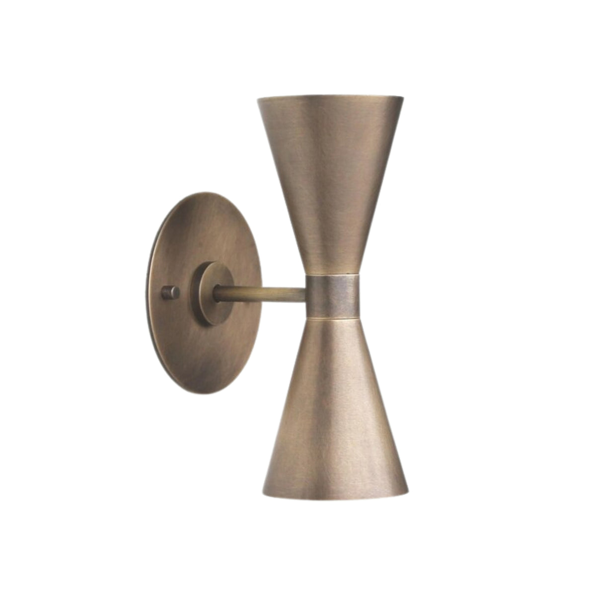 Verona hourglass globe wall sconce in antique brass finish featuring a sculptural Mid-Century Modern dual-cone design with exposed globe bulbs, angled product view.