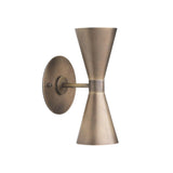Verona hourglass globe wall sconce in antique brass finish featuring a sculptural Mid-Century Modern dual-cone design with exposed globe bulbs, angled product view.