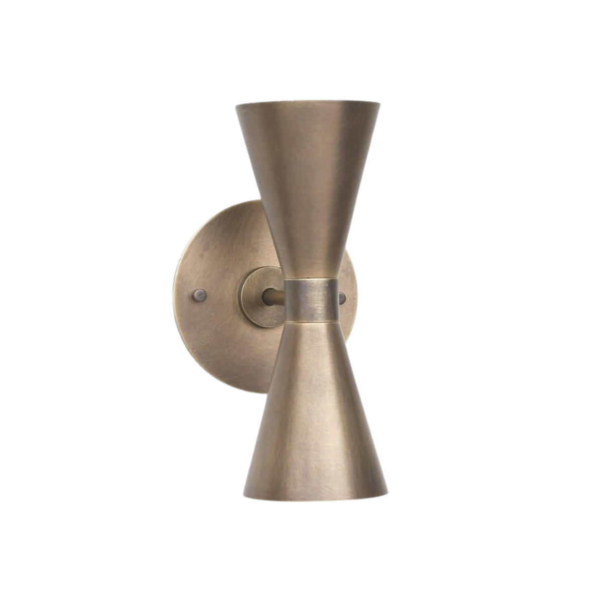 Front view of the Verona hourglass globe wall sconce in antique brass featuring a symmetrical dual-cone metal body with exposed globe bulbs.