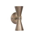 Front view of the Verona hourglass globe wall sconce in antique brass featuring a symmetrical dual-cone metal body with exposed globe bulbs.