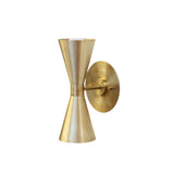 Verona hourglass globe wall sconce in warm brass finish with dual exposed globe bulbs and handcrafted hourglass silhouette, perspective side view.