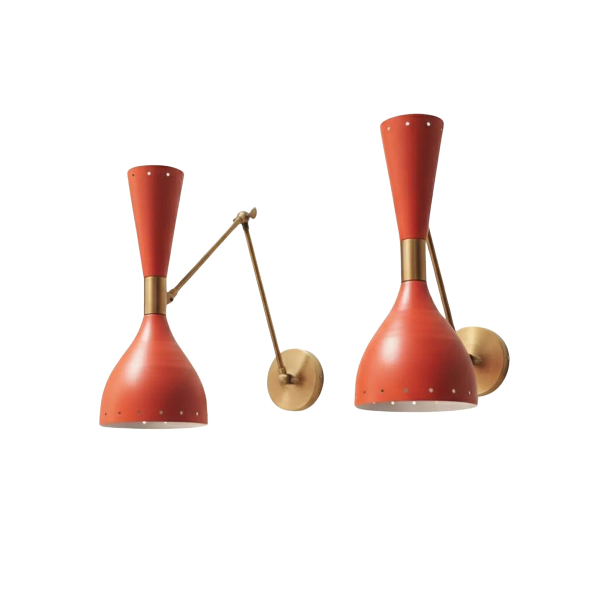 Verona hourglass wall sconces featuring red double-cone shades and articulated brass wall-mounted arms – Model 32813
