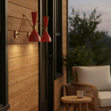 Two Verona Mid-Century Modern wall sconces with perforated red shades and brass swing arms – Model 32813