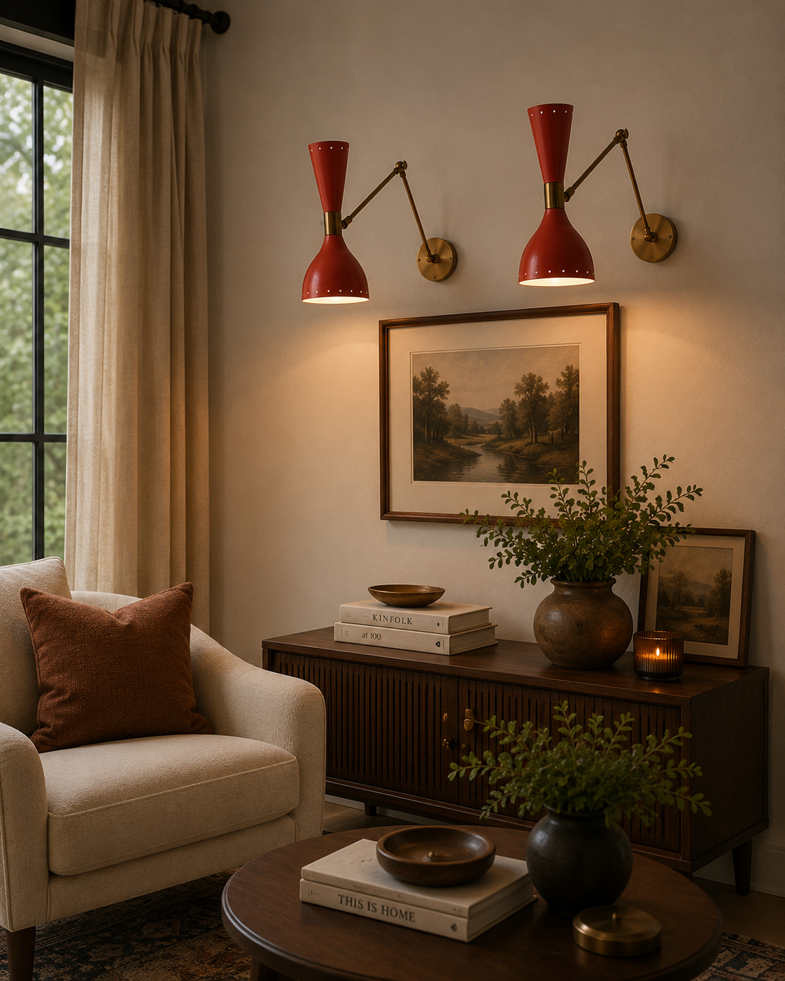 Pair of Verona red hourglass swing arm wall sconces installed above a living room console with warm ambient lighting – Model 32813