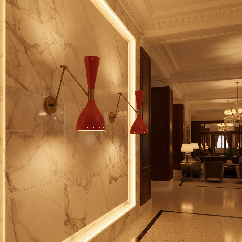 Pair of Verona red and brass adjustable swing arm wall sconces on white background – Model 32813