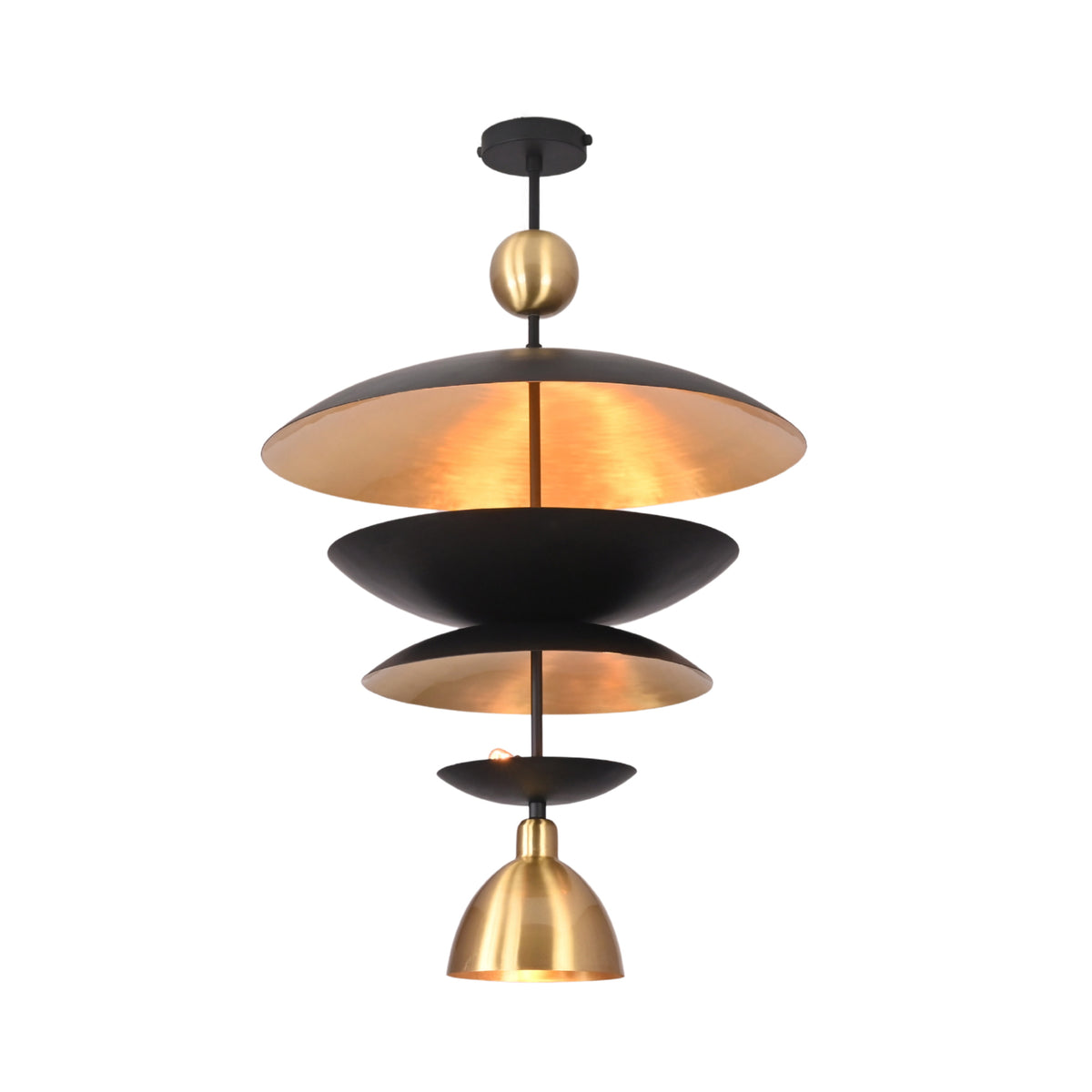 Angled front view of the Verona Layered Disc Pendant Chandelier showcasing its sculptural layered disc design with matte black finish and warm brass accents.