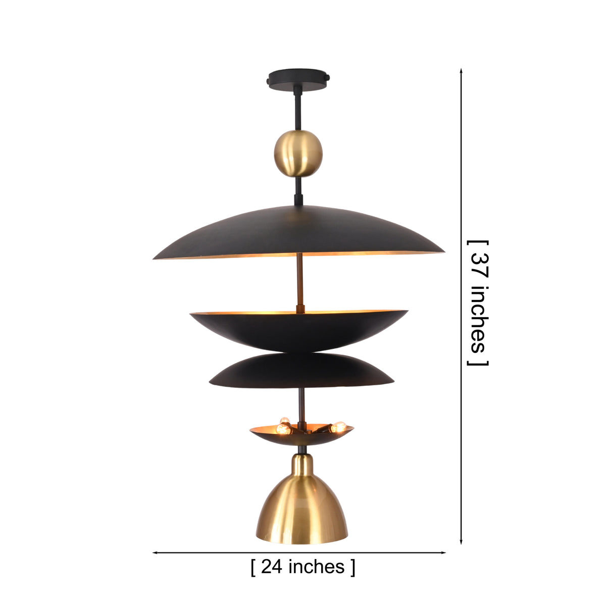 Dimension diagram of the Verona Layered Disc Pendant Chandelier showing a 24-inch width and 37-inch overall height.