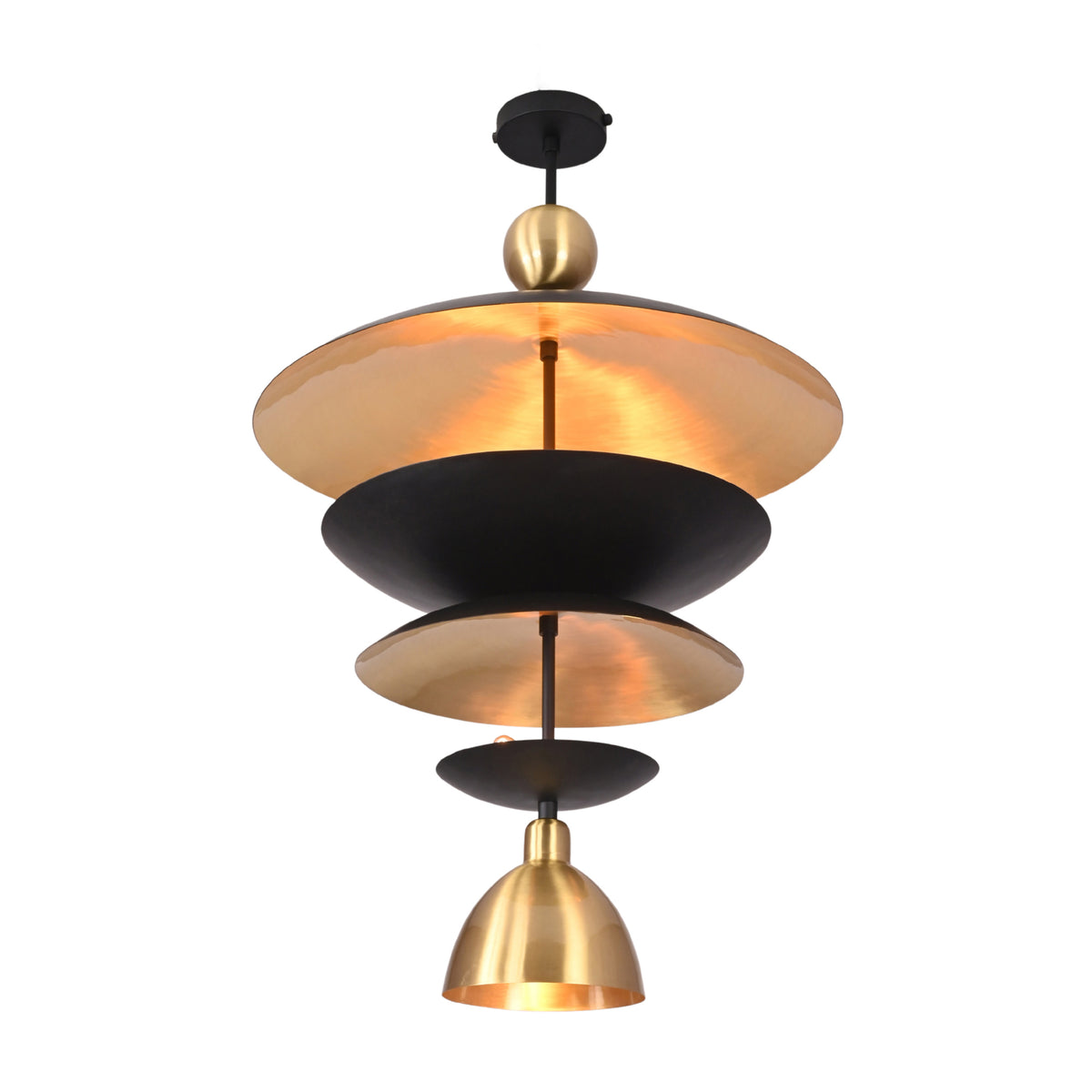 Front view of the Verona Layered Disc Pendant Chandelier featuring handcrafted layered black metal discs with warm brass interiors and a decorative brass accent.