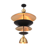 Front view of the Verona Layered Disc Pendant Chandelier featuring handcrafted layered black metal discs with warm brass interiors and a decorative brass accent.