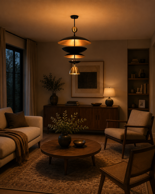 Verona Layered Disc Pendant Chandelier installed in a modern living room, creating a sophisticated focal point with warm ambient illumination.