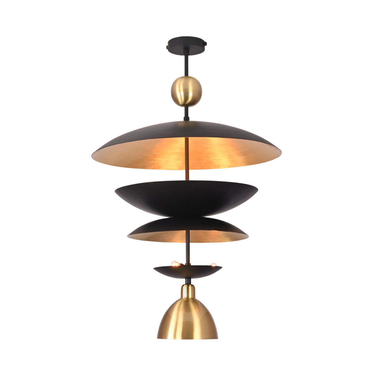 Side perspective of the Verona Layered Disc Pendant Chandelier highlighting its stacked handcrafted metal discs and elegant architectural silhouette.