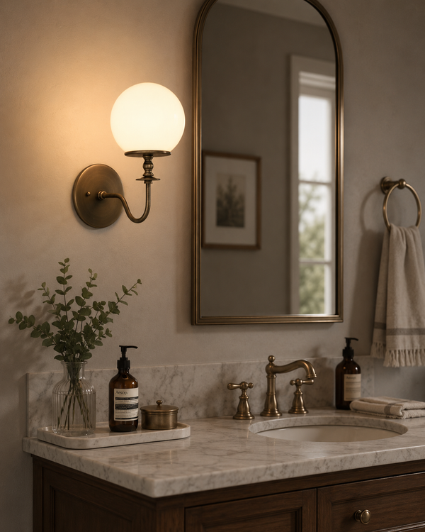 Verona modern globe glass wall sconce installed beside a bathroom mirror, providing warm ambient lighting above a marble vanity with antique brass fixtures.