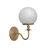 Verona modern globe glass wall sconce in a brushed brass finish featuring a frosted opal globe and decorative turned stem.