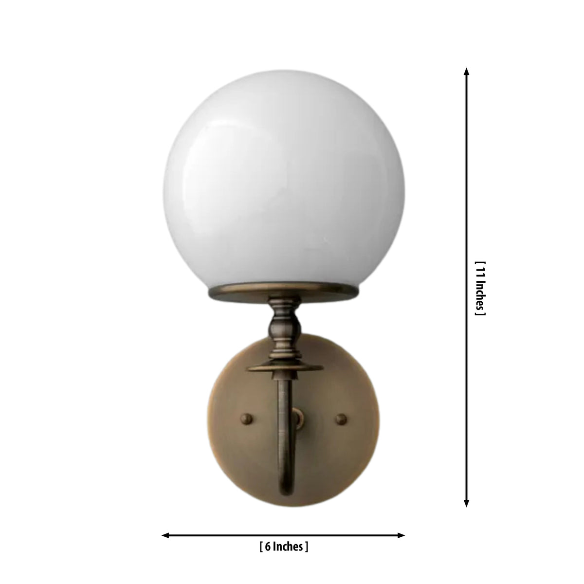 Dimension drawing of the Verona modern globe glass wall sconce measuring 11 inches high and 6 inches wide with a frosted opal glass globe.