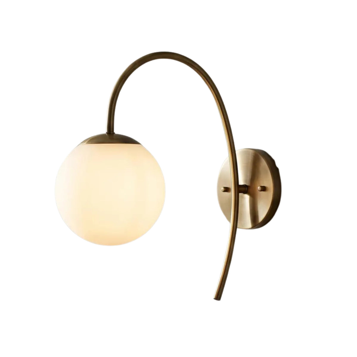 Verona Modern Globe Glass Wall Sconce in antique brass finish with a curved metal arm and softly diffused frosted globe.