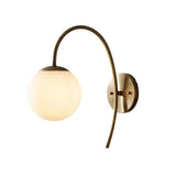 Verona Modern Globe Glass Wall Sconce in antique brass finish with a curved metal arm and softly diffused frosted globe.