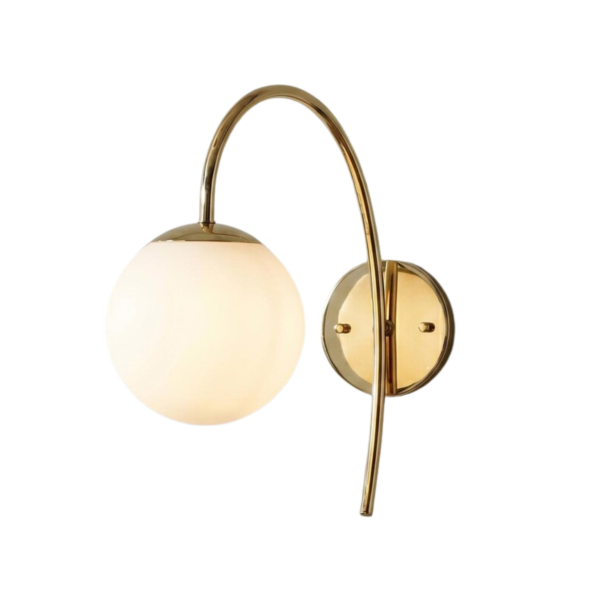 Verona Modern Globe Glass Wall Sconce in polished brass finish with a frosted globe shade and sculptural curved arm.