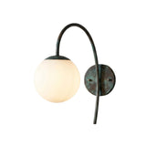 Dimension view of the Verona Modern Globe Glass Wall Sconce showing the 15-inch height, 10-inch width, and elegant curved arm design.