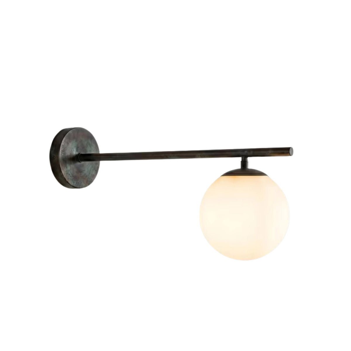 Verona Modern Globe Linear Wall Sconce in blackened brass with a frosted opal glass globe, ideal for modern and industrial interiors.