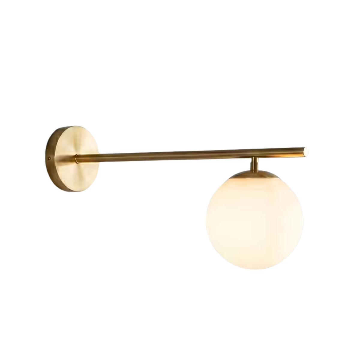 Verona Modern Globe Linear Wall Sconce in brushed brass featuring a sleek horizontal arm and glowing frosted glass globe.