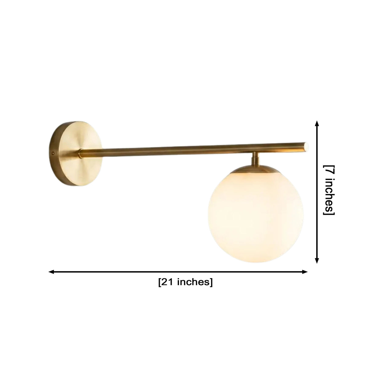 Dimension view of Verona Modern Globe Linear Wall Sconce featuring a 21-inch linear arm with a 7-inch frosted opal glass globe and round wall backplate.